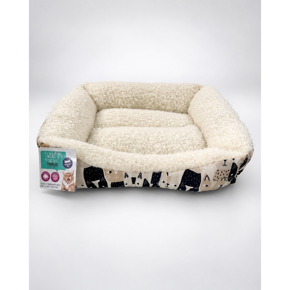 Whisker City Cat Face Cuddler Pet Bed 15x18x5 Cream Tan Black NWT